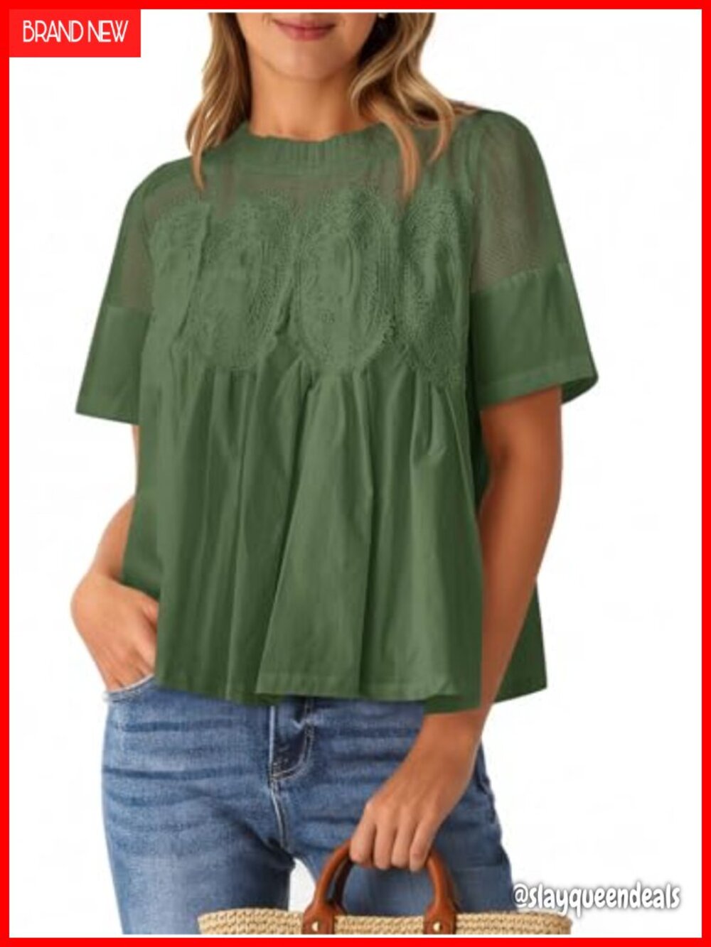 Womens Lace Babydoll Peplum Blouse Ruffle Crew Neck Short Sleeve